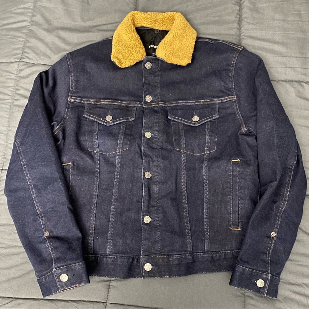 Express Heavyweight Padded Denim Jacket with Removable Faux Sheer Collar (M)